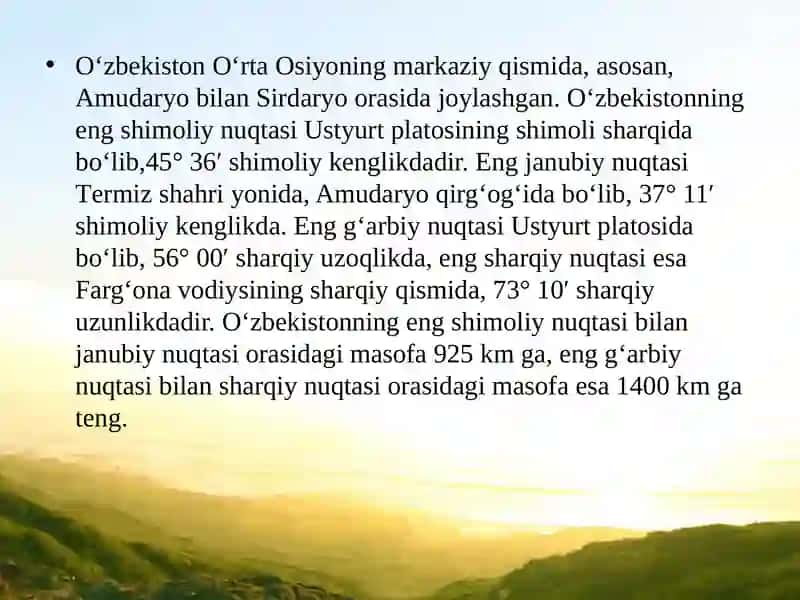 O‘ZBEKISTONNING GEOGRAFIKO‘RNI, CHEGARALARI VAMAYDONI 2