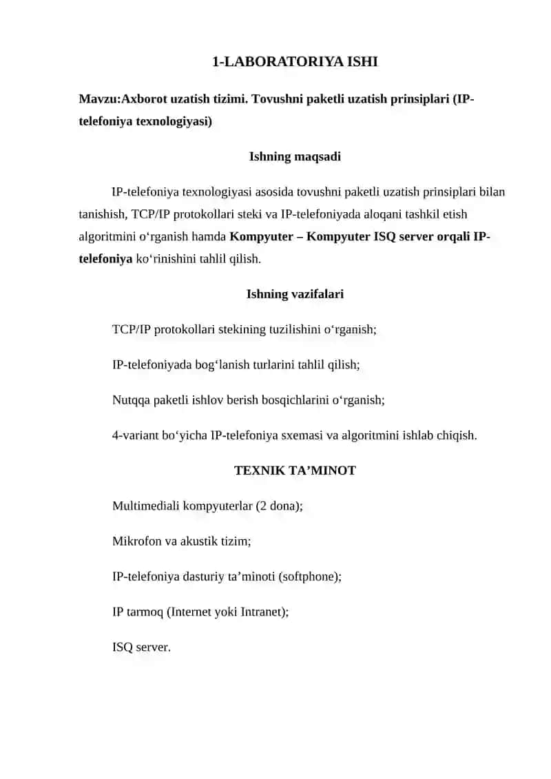 Axborot uzatish tizimi. Tovushni paketli uzatish prinsiplari (IP-telefoniya texnologiyasi) 2