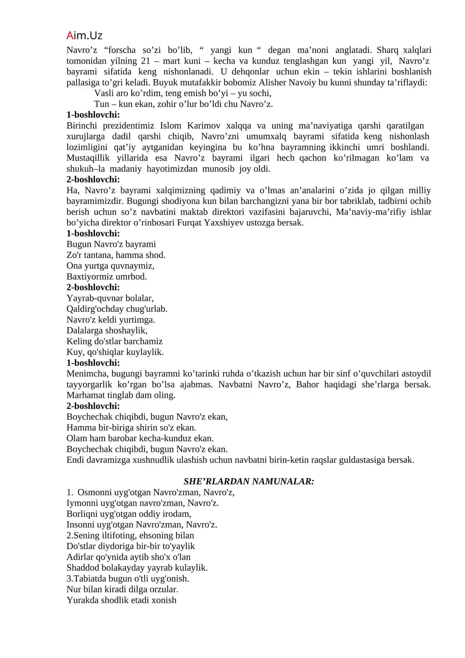 “NAVRO’Z” bayramiga bag’ishlab o’tkazilgan tadbir ssenariysi 2