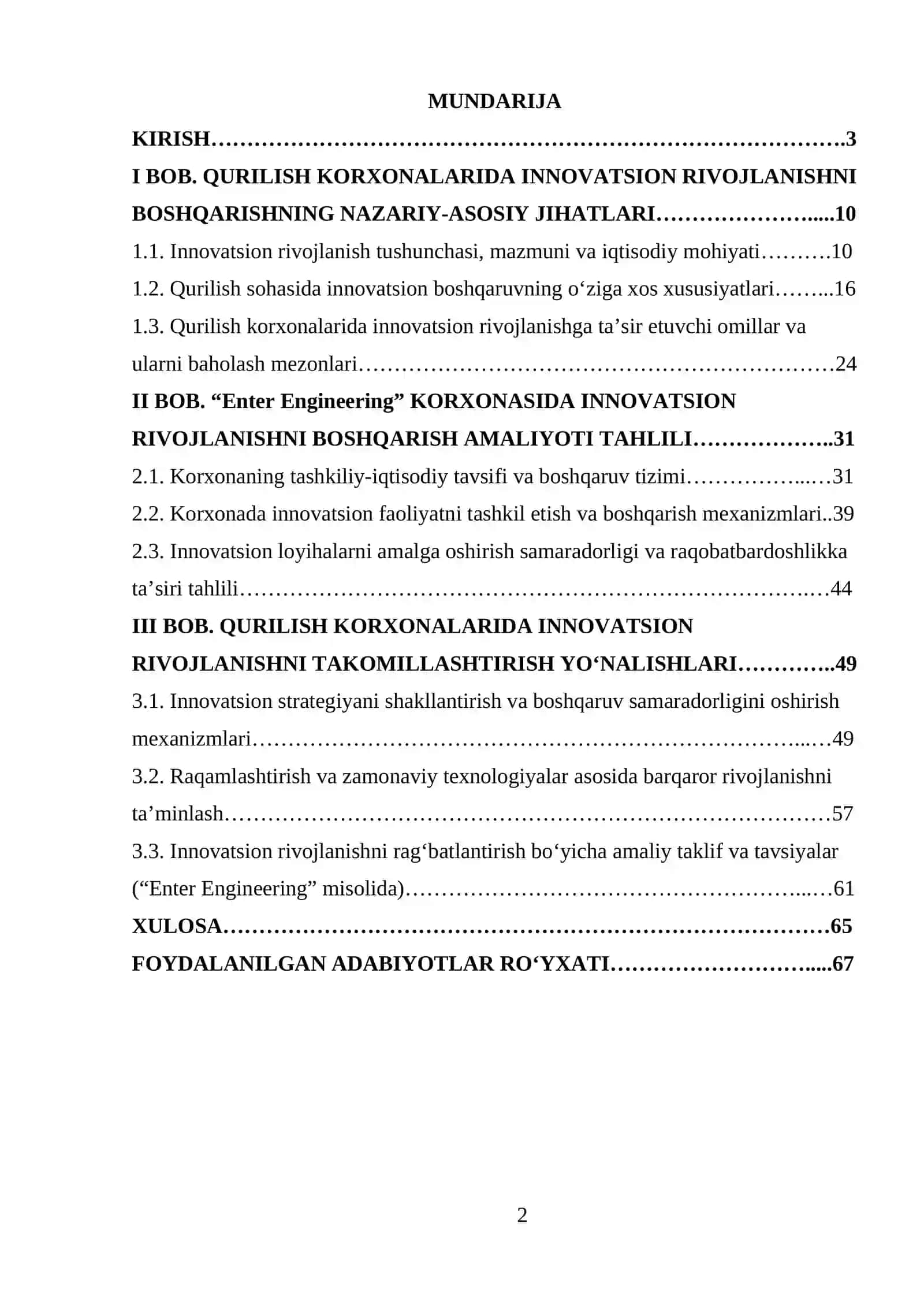 Qurilish korxonalarida innavatsion rivojlanishni boshqarish (Enter Engineering korxonasi misolida) 2