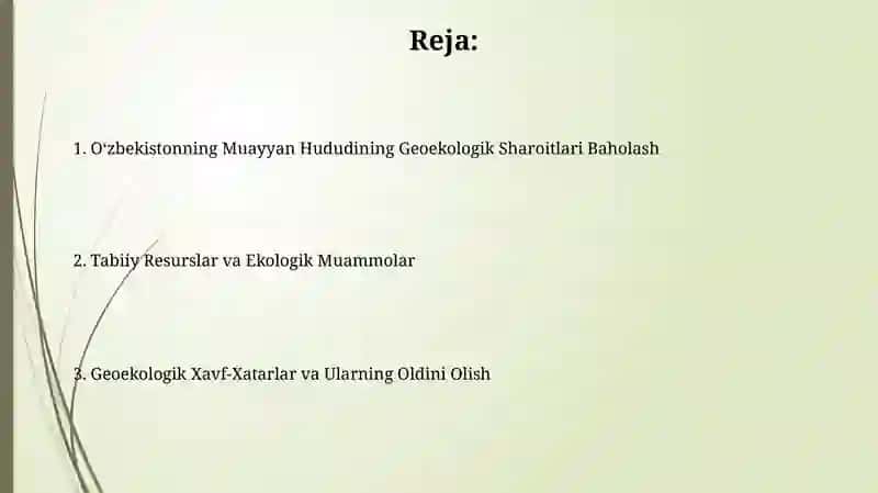 Oʻzbekistondagi alohida viloyatdagi geoekologik vaziyatlarni baxolash 2