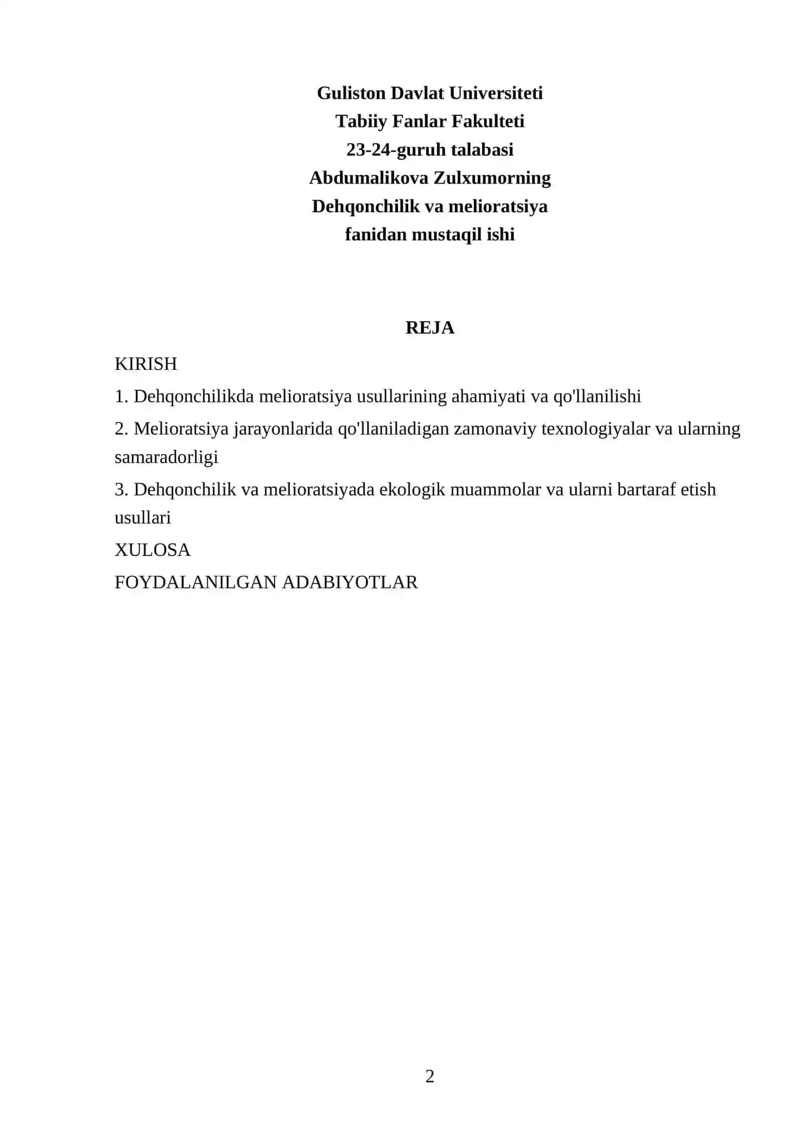 Dehqonchilik va Melioratsiya Mustaqil ishi 2
