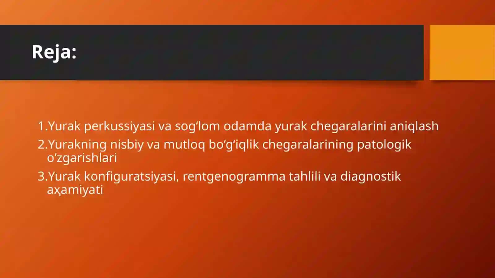 Yurak perkussiyasi. Yurakni nisbiy va mutloq bo'g'iqlik chegarasini sog'lom odamda aniqlash. Yurak konfigurasiyasi. 2