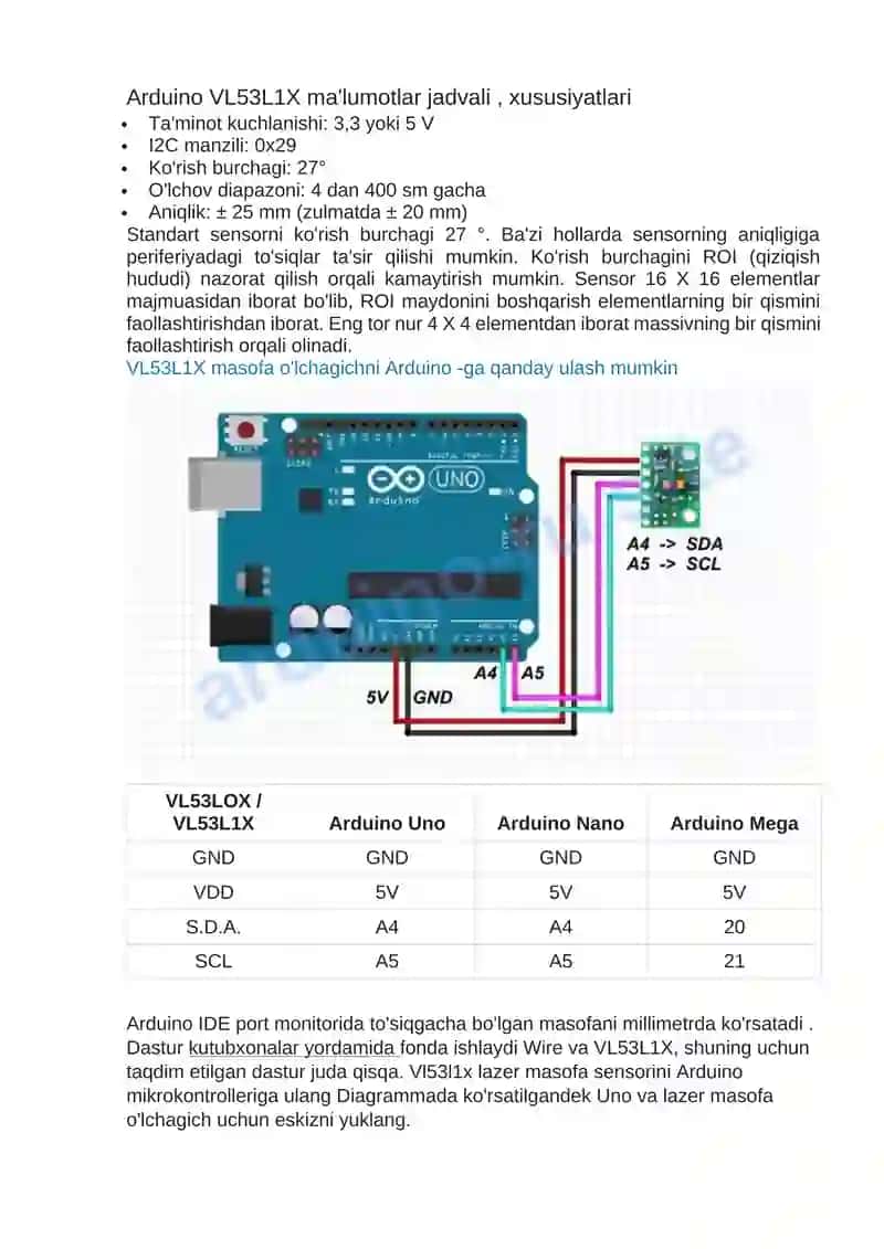 Arduino VL53L1X, VL53L0X lazerli masofa o'lchagich 2