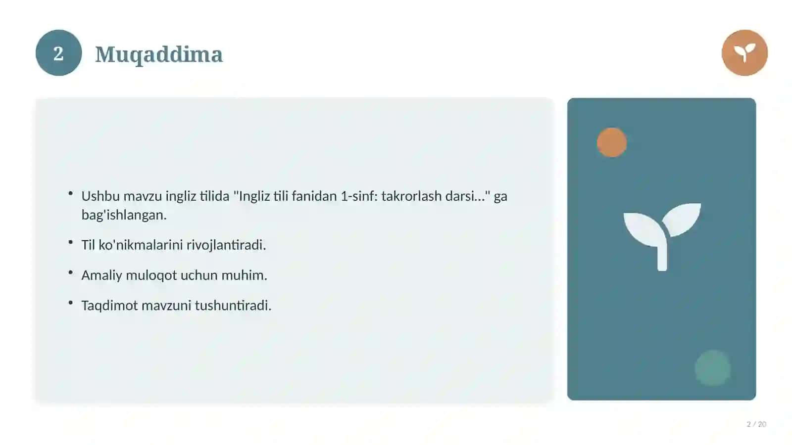 Ingliz tili fanidan 1-sinf: takrorlash darsi ishlanmasi 2