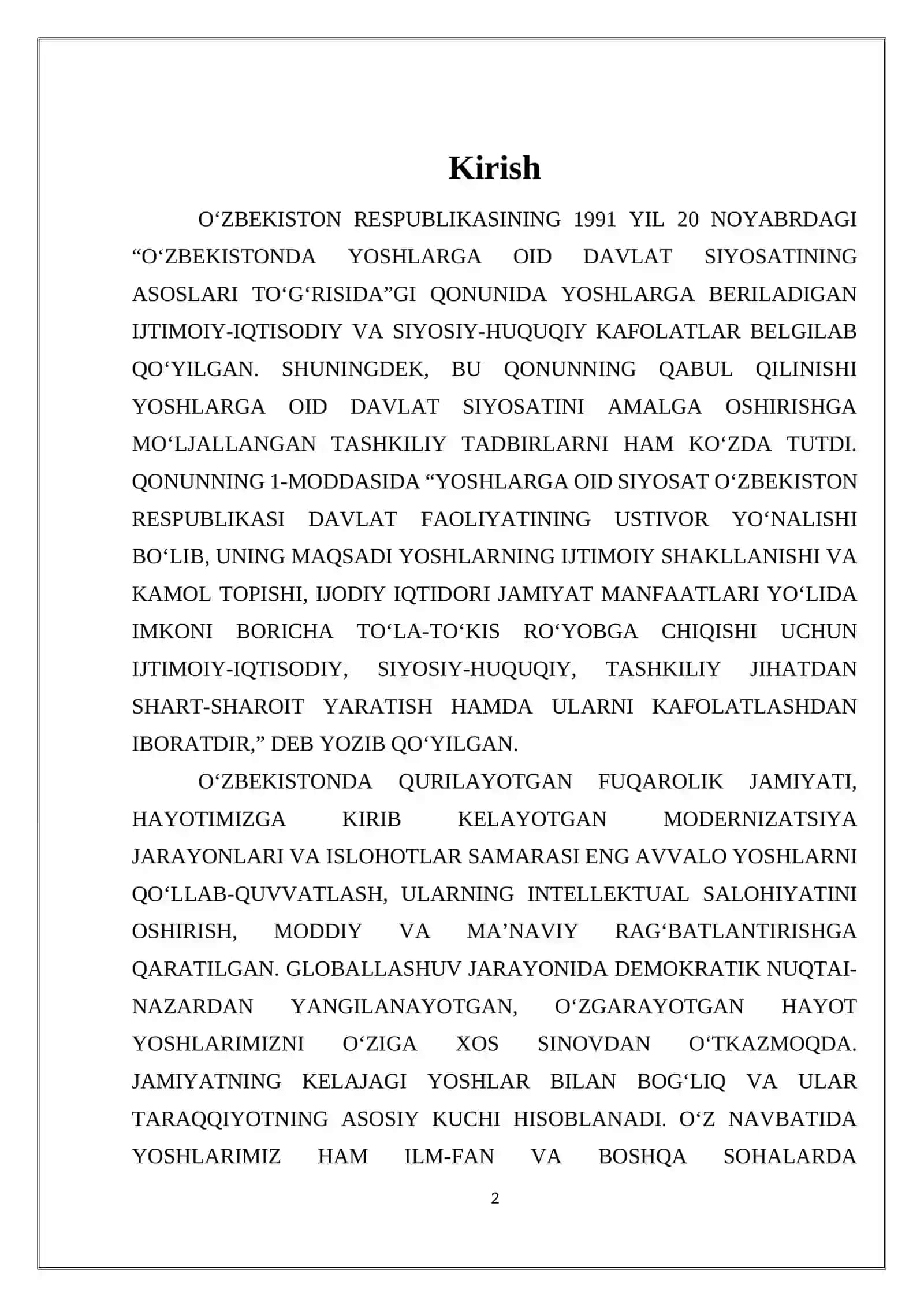O‘ZBEKISTONDA YOSHLARGA OID DAVLAT SIYOSATINING AMALGA OSHIRILISHI 2