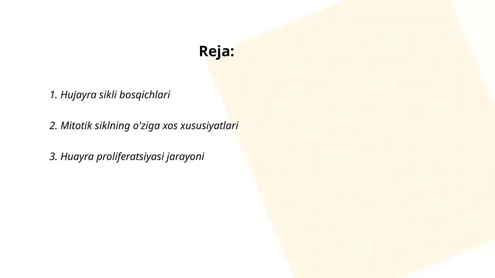Hujayralarning mitotik va hayotiy sikli Hujayra proliferatsiyasi Hujayralarning meyotik boʻlinishi mitoz va meyozning patologiyasi 2