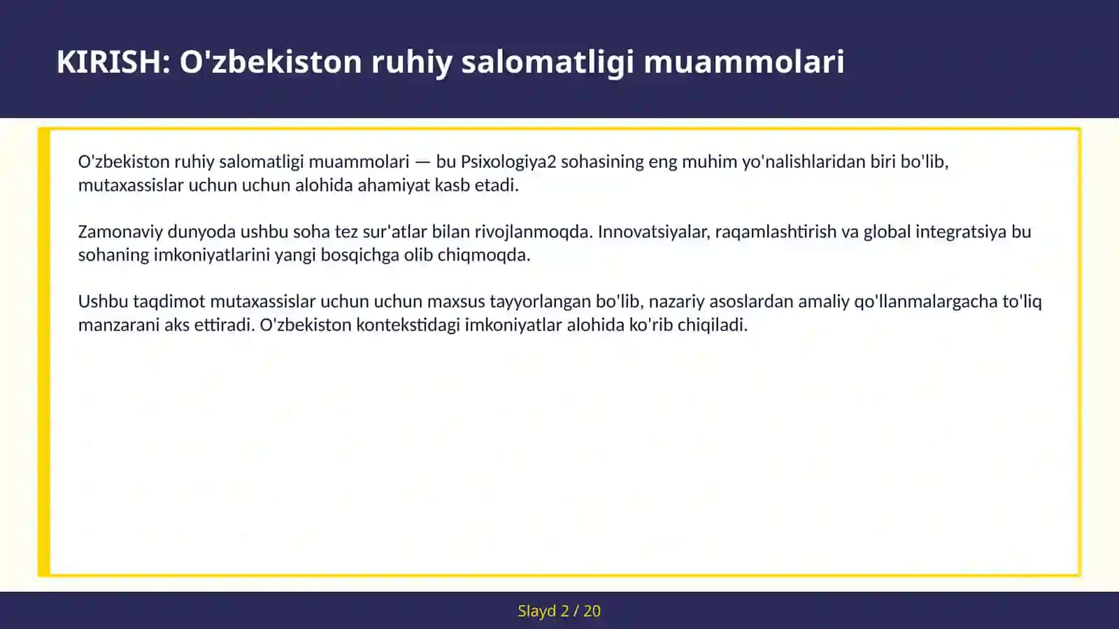 O'zbekiston RUHIY SALOMATLIGI MUAMMOLARI 2