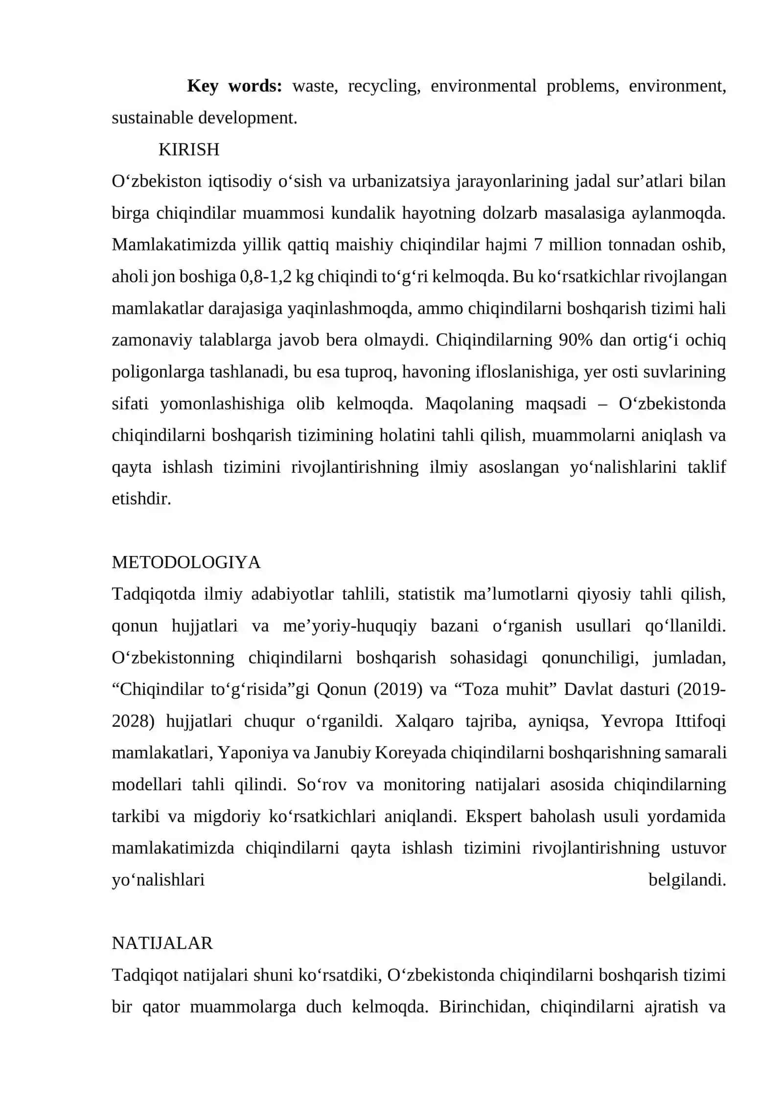 O‘ZBEKISTONDA CHIQINDILAR MUAMMOSI: QAYTA ISHLASH TIZIMINI RIVOJLANTIRISH ZARURATI 2