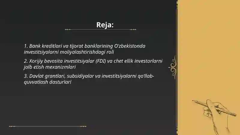 Oʻzbekistonda investitsiyalarning moliyalashtirish manbalari va usullari 2