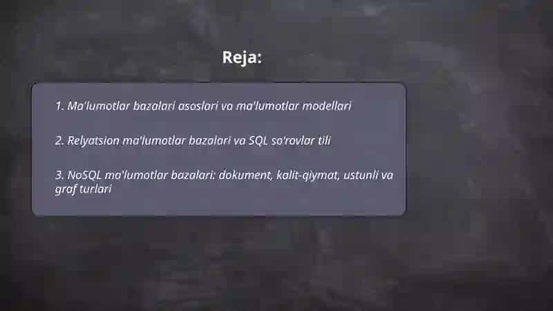 Ma'lumotlar bazalari va bug data bilan ishlash texnologiyalari 2
