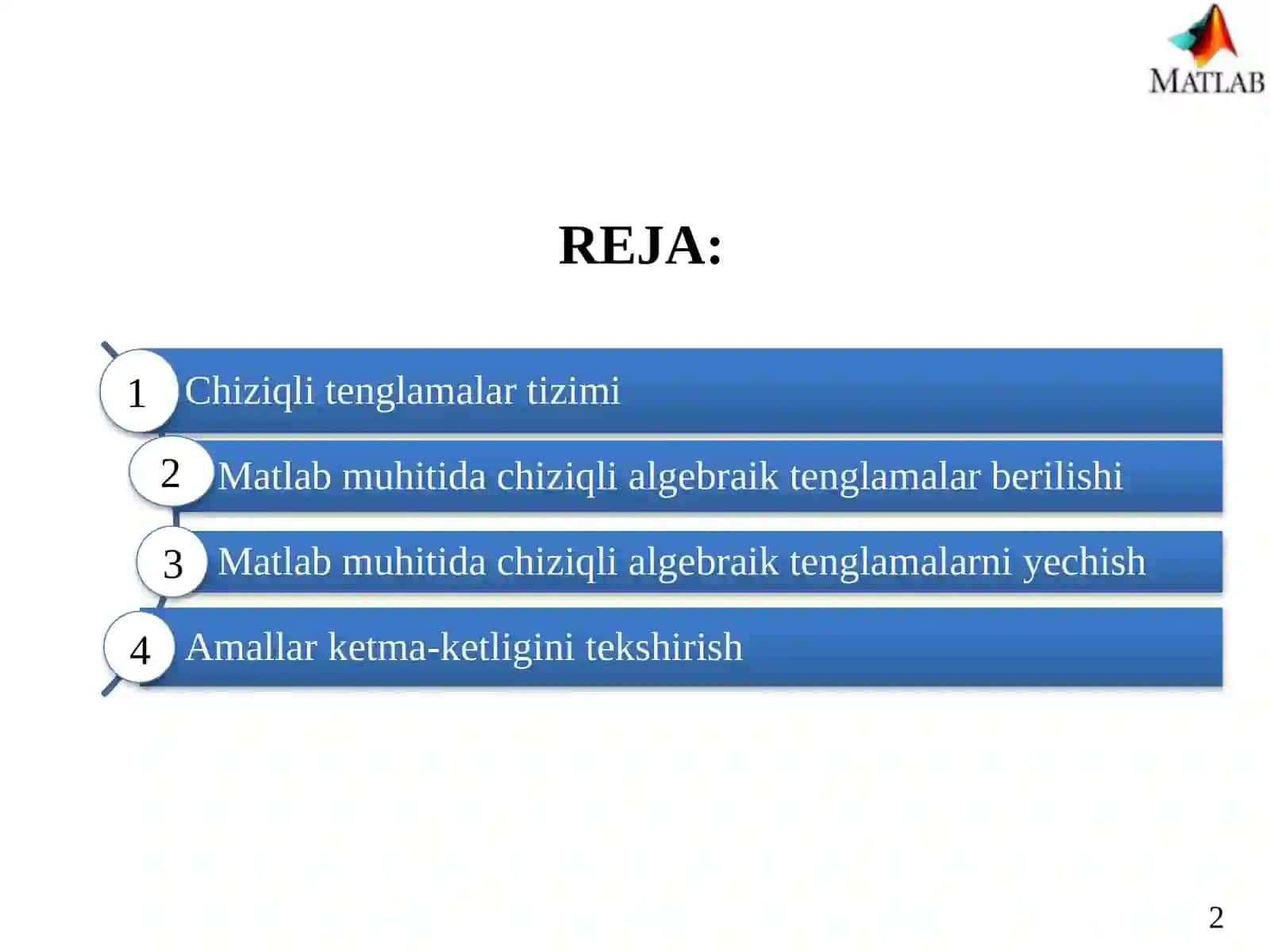 Matlab tizimida chiziqli algebrali tenglamalar sistemasini (CHATS) tadbiq etish va yechish 2