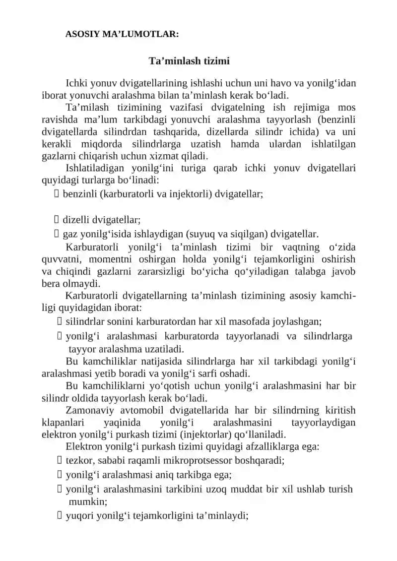 Zamonaviy avtomobillarning dvigatellarini ta’minlash tizimi 2
