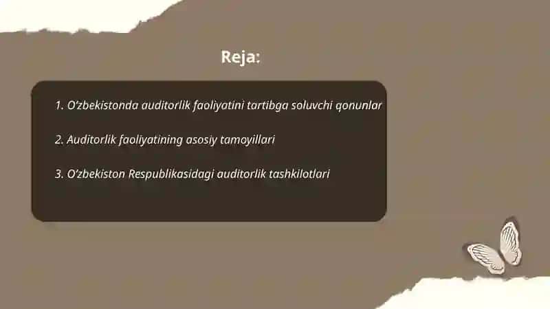 Audit " fanining metodi, Oʻzbekisiton Respublikasida auditorlik faoliyatini tashkil etishning meʼyoriy tizimi va uning elementlari 2