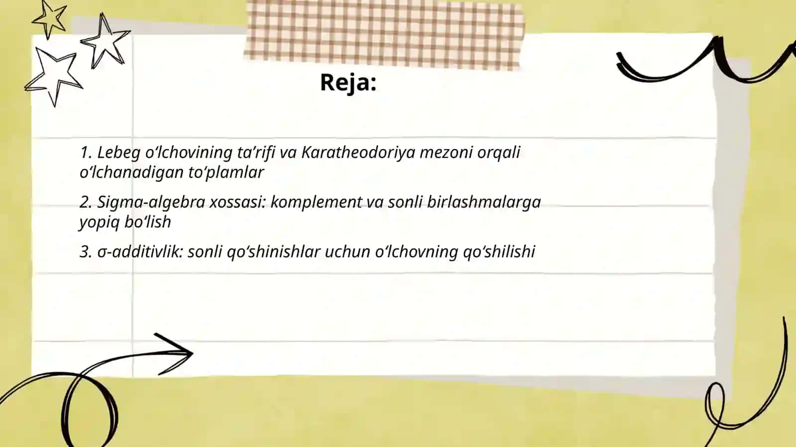 Lebeg maʼnosida oʻlchovli toʻplamlarning xossalari 2