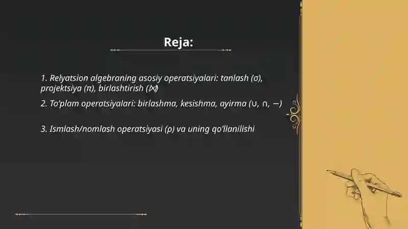 Relyatsion algebra va relyatsion hisoblash usullari 2