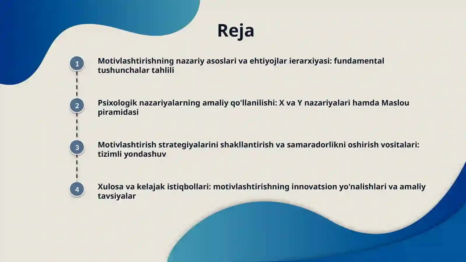 Motivlashtirish. Ehtiyoj. Qamchi va kulcha siyosati. Motivlashtirishda X va Y nazariyalari. Maslou nazariyasi. Motivlashtirish strategiyasini tanlashdagi yondashuv. Motivlashtirish vositalari 2