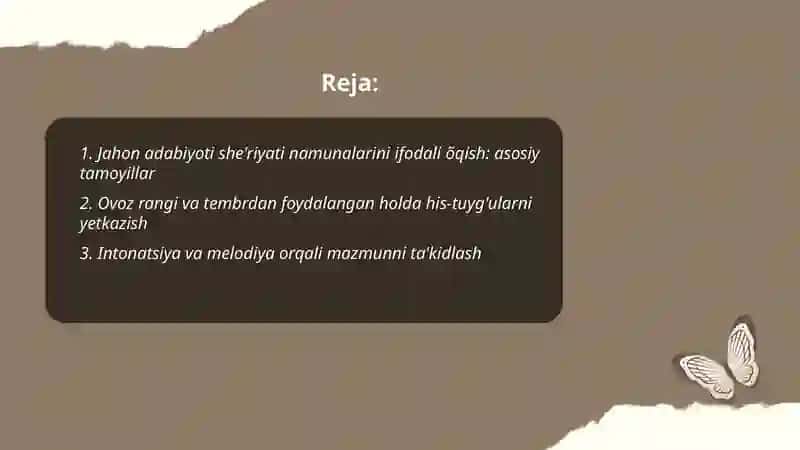 Jahon adabiyoti she'riyati namunalarini ifodali õqish 2