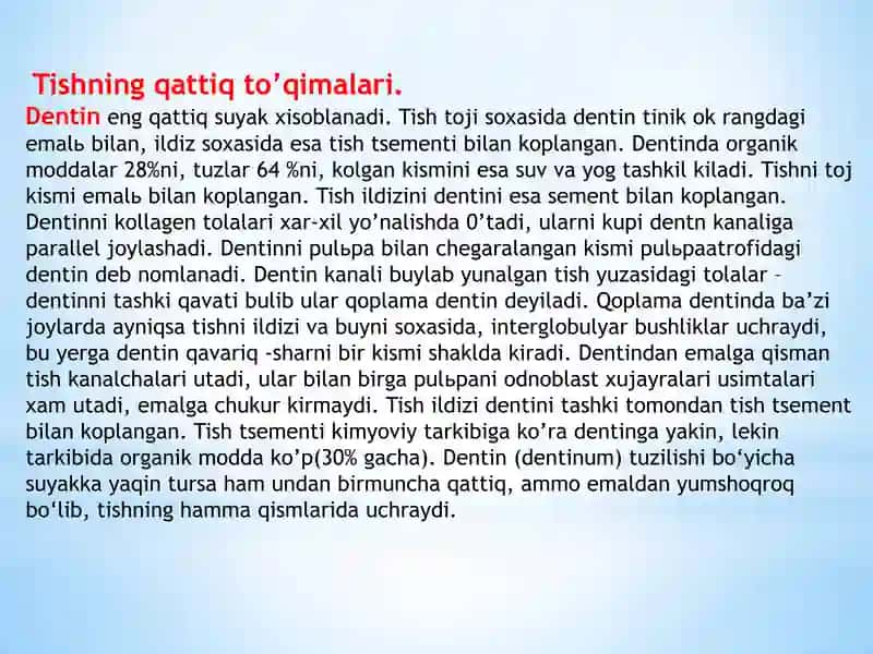 Mavzu: Tishning qattiq to’qimalari: emal, sement, dentinlarning rivojlanishi va tuzilishi. Toj va ildiz qismlaridagi pulpa. Periodont va parodont. 2