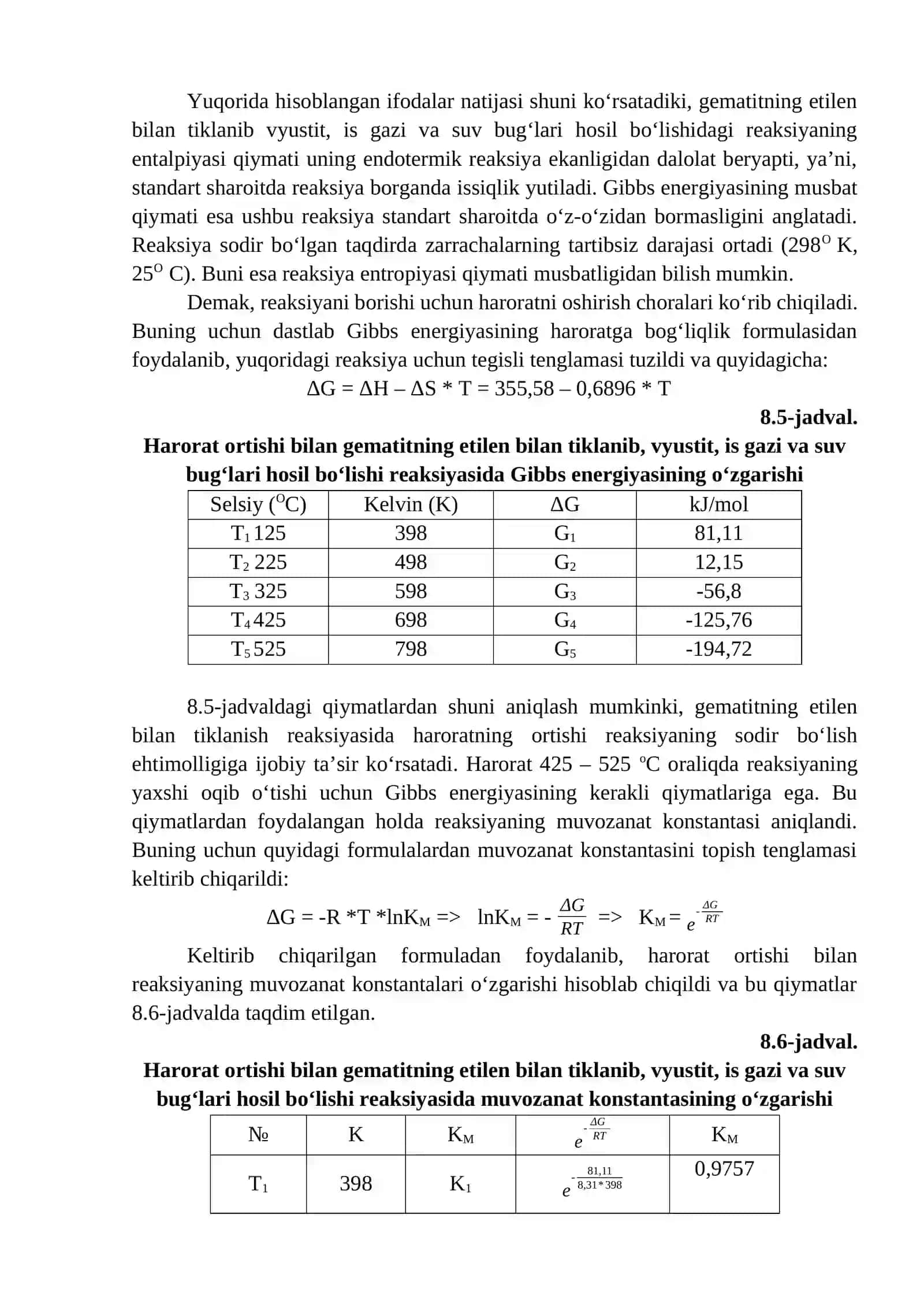 Temir oksidlarini etilen bilan tiklash jarayonining ba’zi termodinamik jihatlarini oʻrganish 2