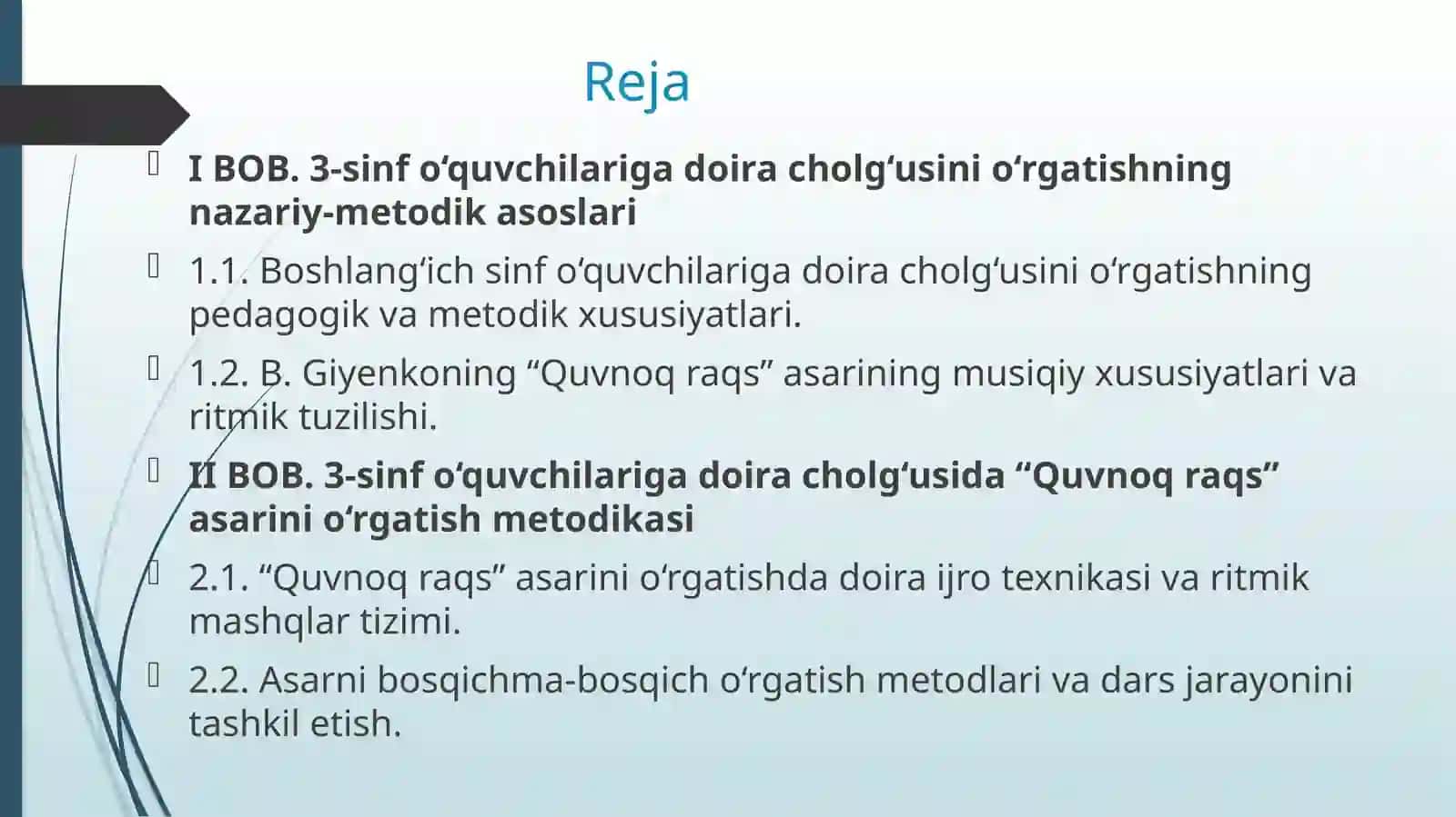 B. Giyenkoning "Quvnoq raqs" asarini doira cholg‘usida o‘rgatish metodikasi 2