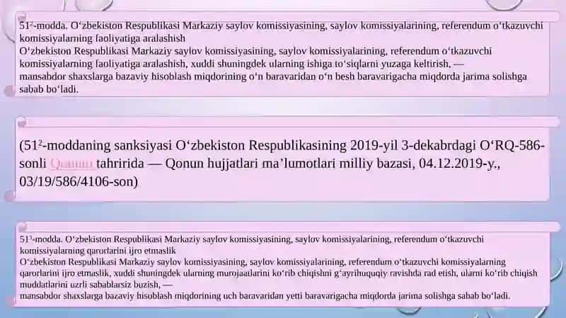 SAYLOV VA REFERENDUMLARNI TASHKIL ETISH HAMDA O'TKAZISH SOHASIDAGI HUQUQBUZARLIKLAR UCHUN MA'MURIY JAVOBGARLIK 2