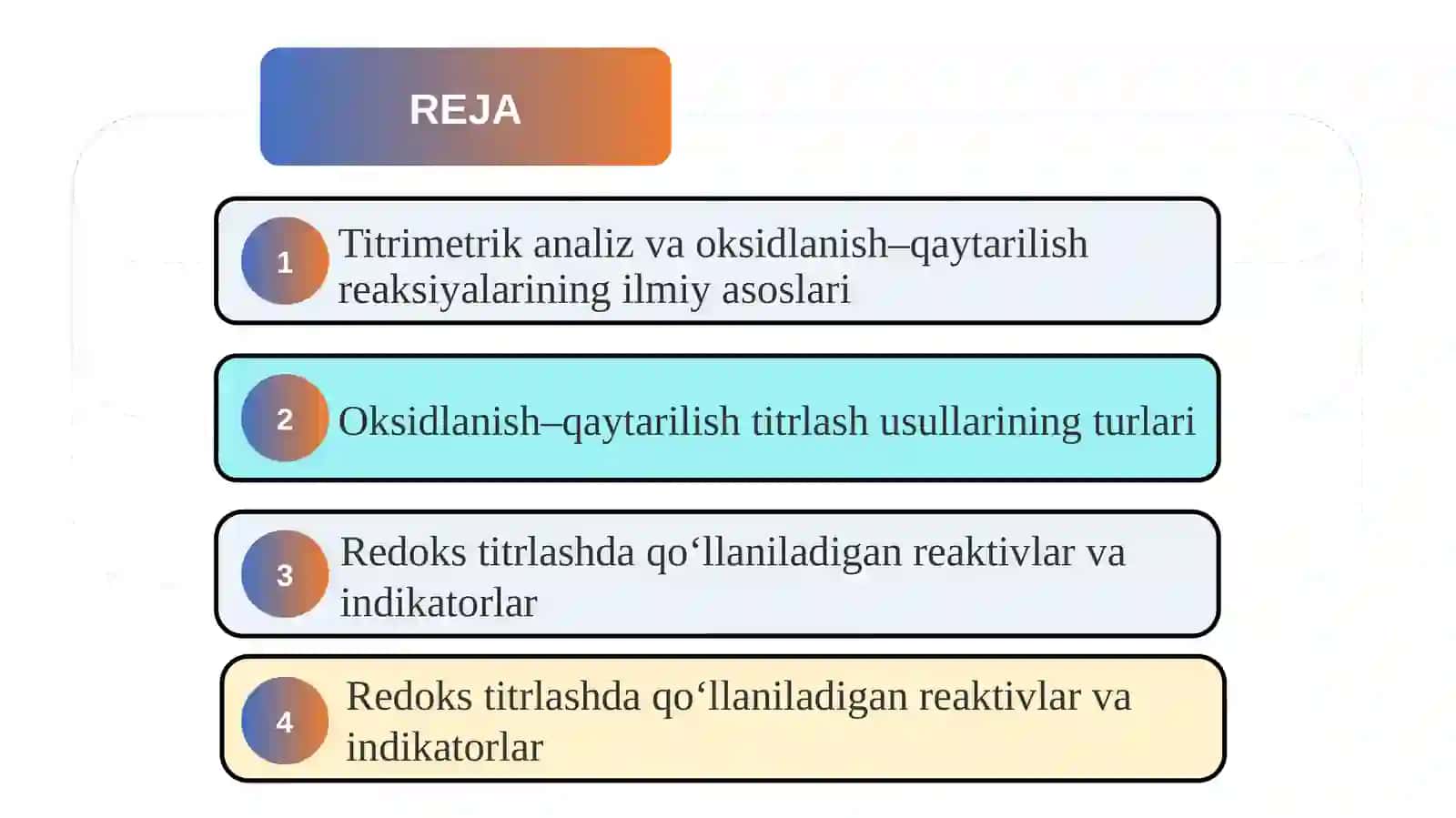 Titrimetrik analiz usullari: oksidlanish–qaytarilish reaksiyalari asosida titrlash 2
