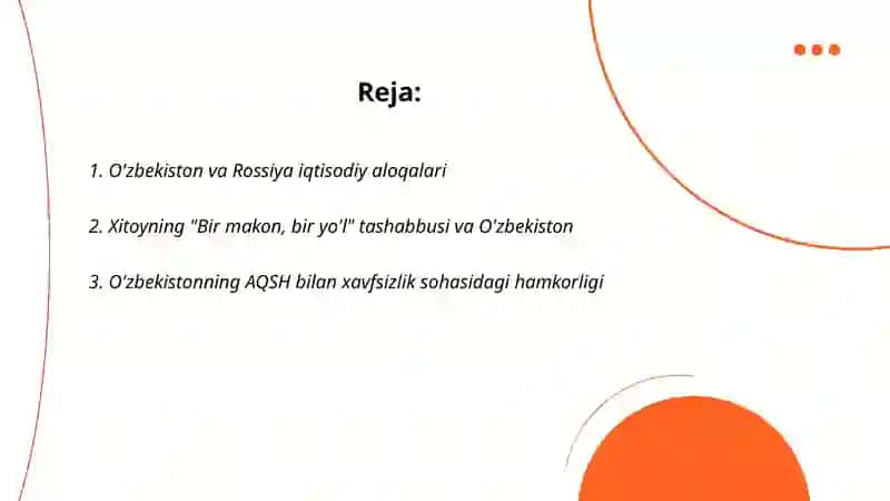 O'zbekiston Respublikasining Rossiya. Xitoy AQSH bilan o'zaro munosabatlari 2