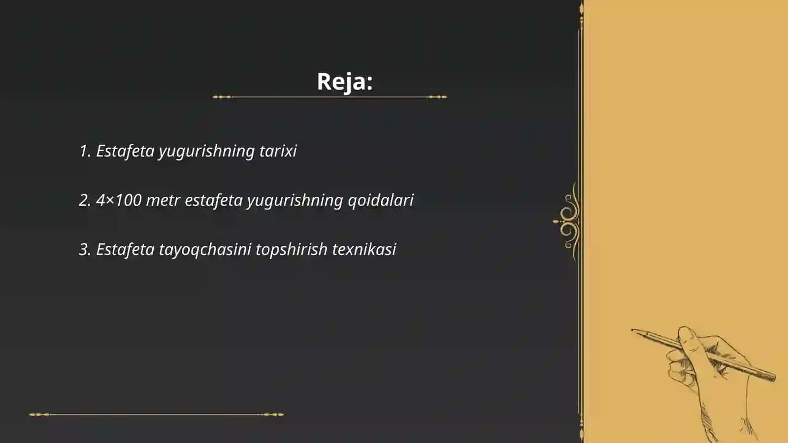 Estafeta yugurish;4×100 metrga yugurishni o‘rgatish 2