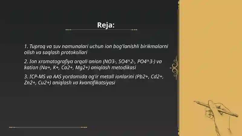 Tuproq va suvning ifloslanishida ion bog'lanishli birikmalarni aniqlab, ulardan tozalash usulini ishlab chiqarish 2