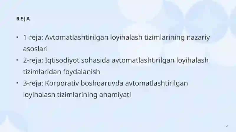 Avtomatlashtirilgan loyihalash tizimlari iqtisodiyot va korporativ boshqaruv sohalarda qo‘llash 2