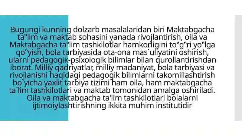KO’P TARMOQLI MAKTABGACHA TA’LIM TASHKILOTLARI VA OILA BILAN HAMKORLIGINI TO’G’RI YO’LGA QO’YISH IJTIMOIY MUAMMO SIFATIDA 2