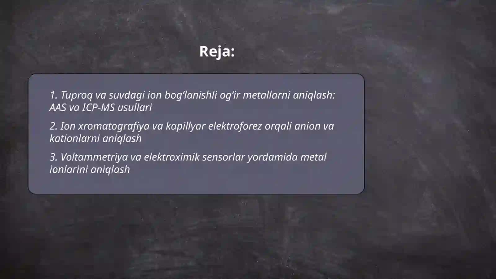 Tuproq va suvdagi ion bog‘lanishli ifloslantiruvchi moddalarni aniqlash va ekologik xavfsiz tozalash usullari 2