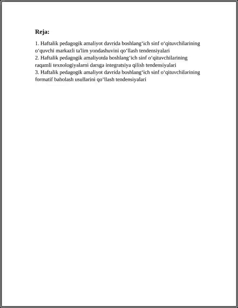 HAFTALIK PEDAGOGIK AMALIYOT DAVRIDA BOSHLANĜICH SINF OʻQITUVCHILARINING TA'LIM TENDENSIYALARINI OʻRGANISH 2