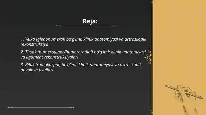 Qoʻl va oyoq boʻgʻimlarining klinik anatomiyasi va ularda bajariladigan zamonaviy operatsiyalar 2