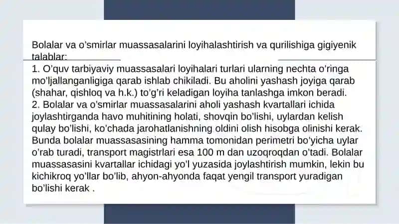 Bolalar va O'smirlar muassasalarini loyihalashtirish va qurilishiga gigiyenik talablar 2