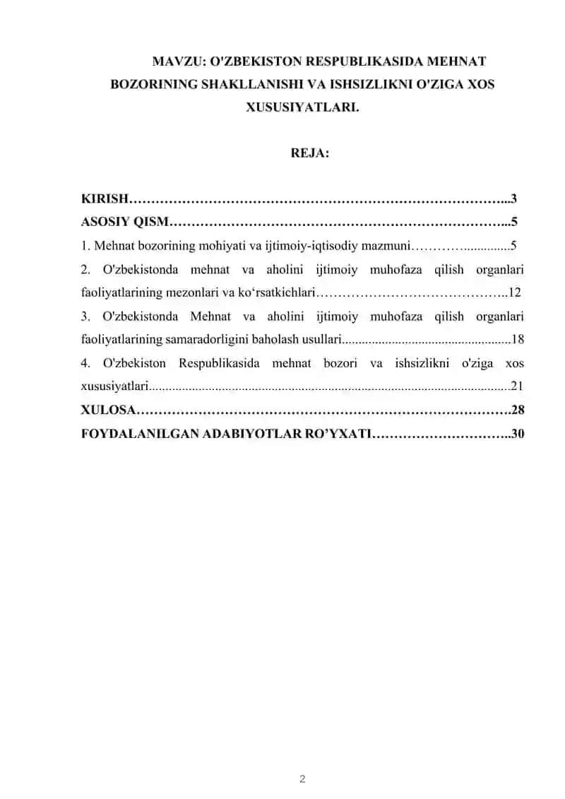 O'zbekiston Respublikasida mehnat bozorining shakllanishi va ishsizlikni o'ziga xos xususiyatlari. 2
