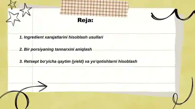 Taomlar tayyorlash sehini hisoblash 2
