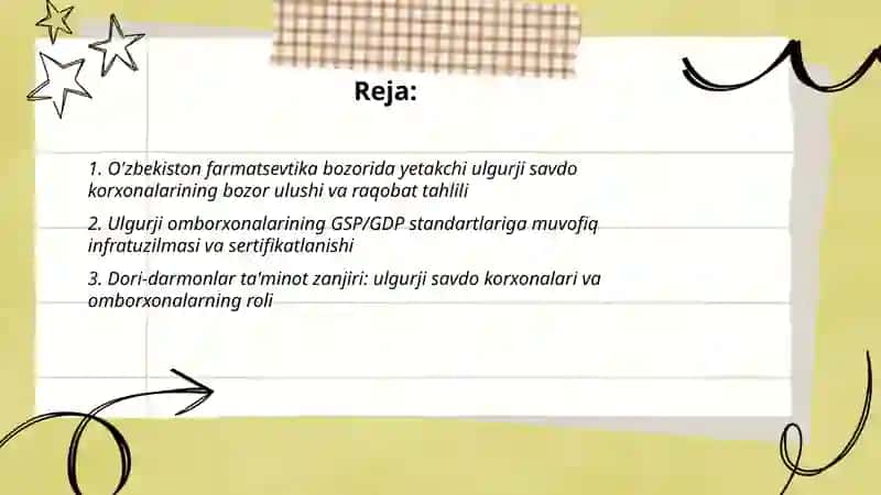 O'zbekiston Respublikasi farmatsevtika bozorida yetakchi qilib kelayotgan ulgurji savdo faoliyati bilan shug'ullanuvchi korxonalar va omborxonalar faoliyati 2