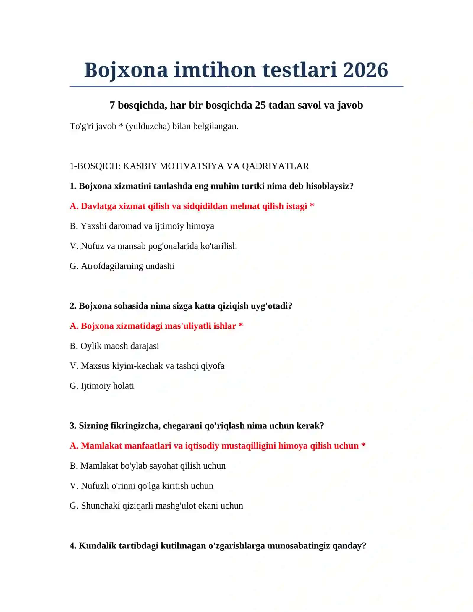Bojxona imtihon testlari 2026 2