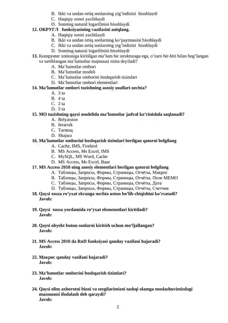 Informatika va axborot texnologiyalari (10-sinf) Testlar Variant 1 2