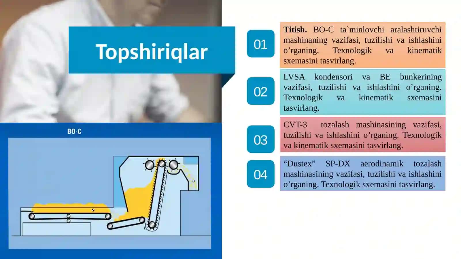 Ta’minlagich-aralashtirgich. BO-C markali mashinaning tuzilishi va ishlashi. Ishchi organlariga harakat uzatilishi. Tozalagichlar. Ularning tuzilishi va ishlashi. 2