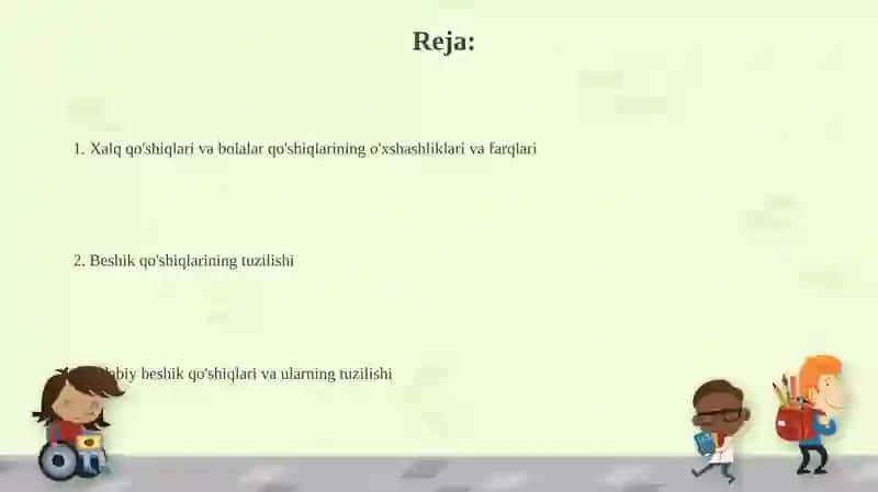 Bolalar qo’shiqlari xalq qoshiqlari va adabiy qoshiqlar alla janri tarkibiy tuzilishi 2
