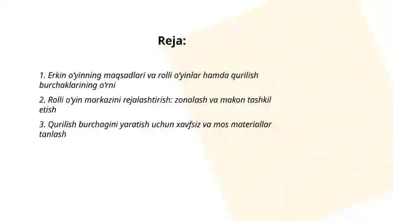 Erkin o'yin markazlarini tashkil qilish:rolli o‘yinlar va qurilish burchaklari 2