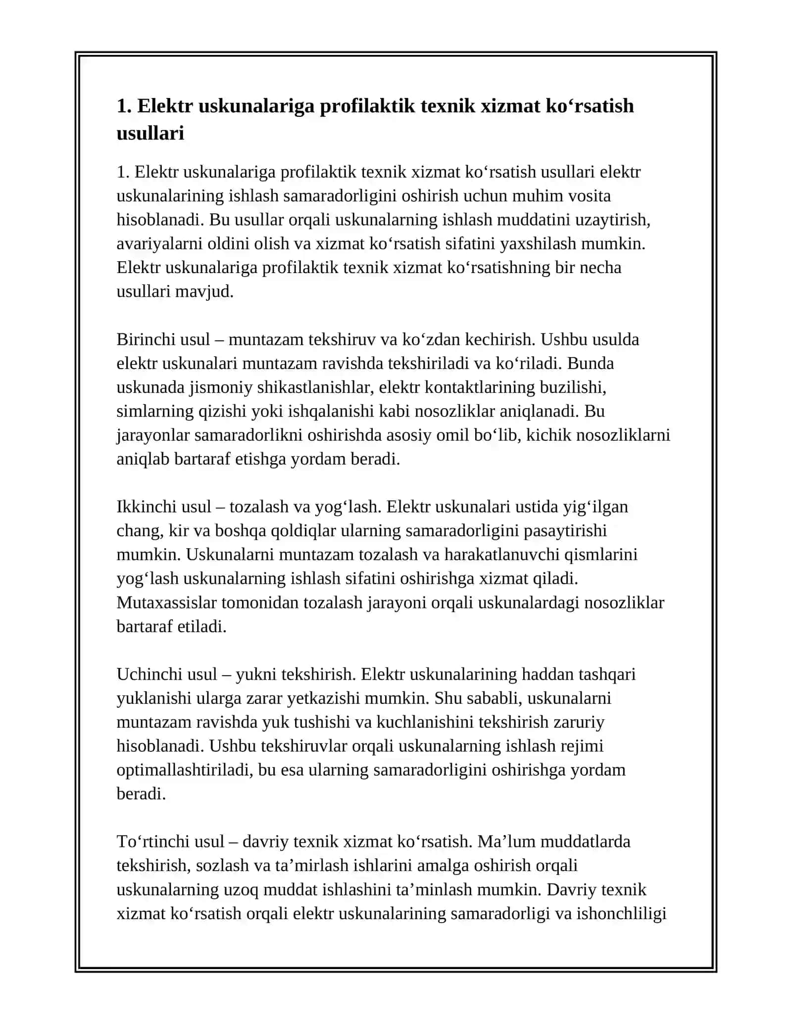 ELEKTR USKUNALARNI EKSPLUATATSIYA SAMARADORLIGINI OSHIRISH USLUBLARI 2