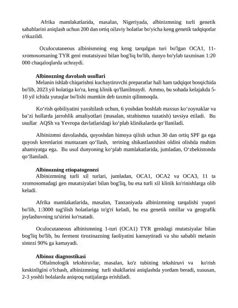 Albinizm. Etiopatogenezi, klinikasi, diagnostikasi, davolash va profilaktikasi. 2