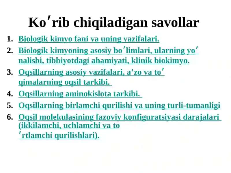Aminokislotalar. Peptidlar. Oqsillar. Oqsillarning biologik vazifalari 2