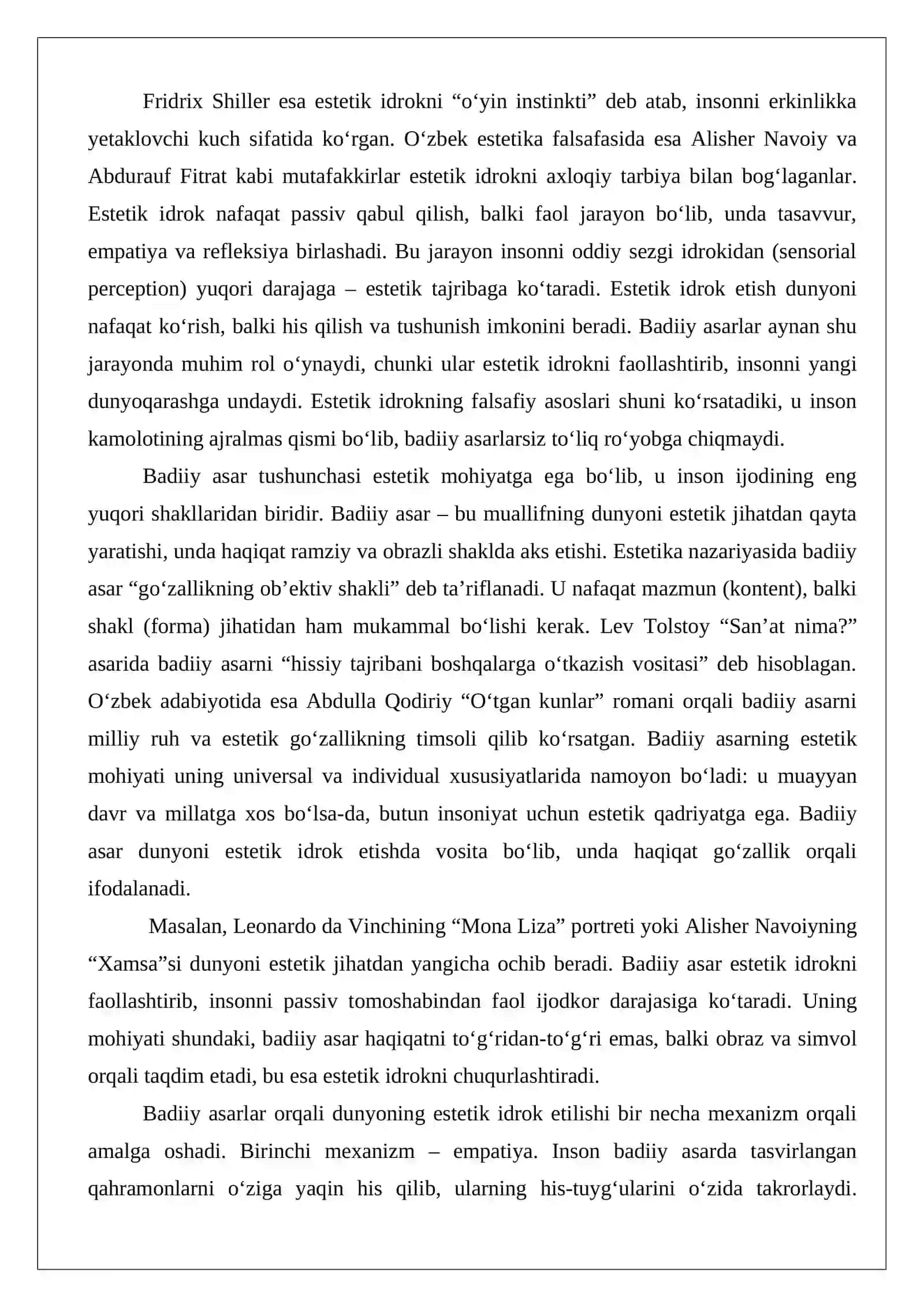 Dunyoning estetik idrok etishda badiiy asarlarning ahamiyati esse 2