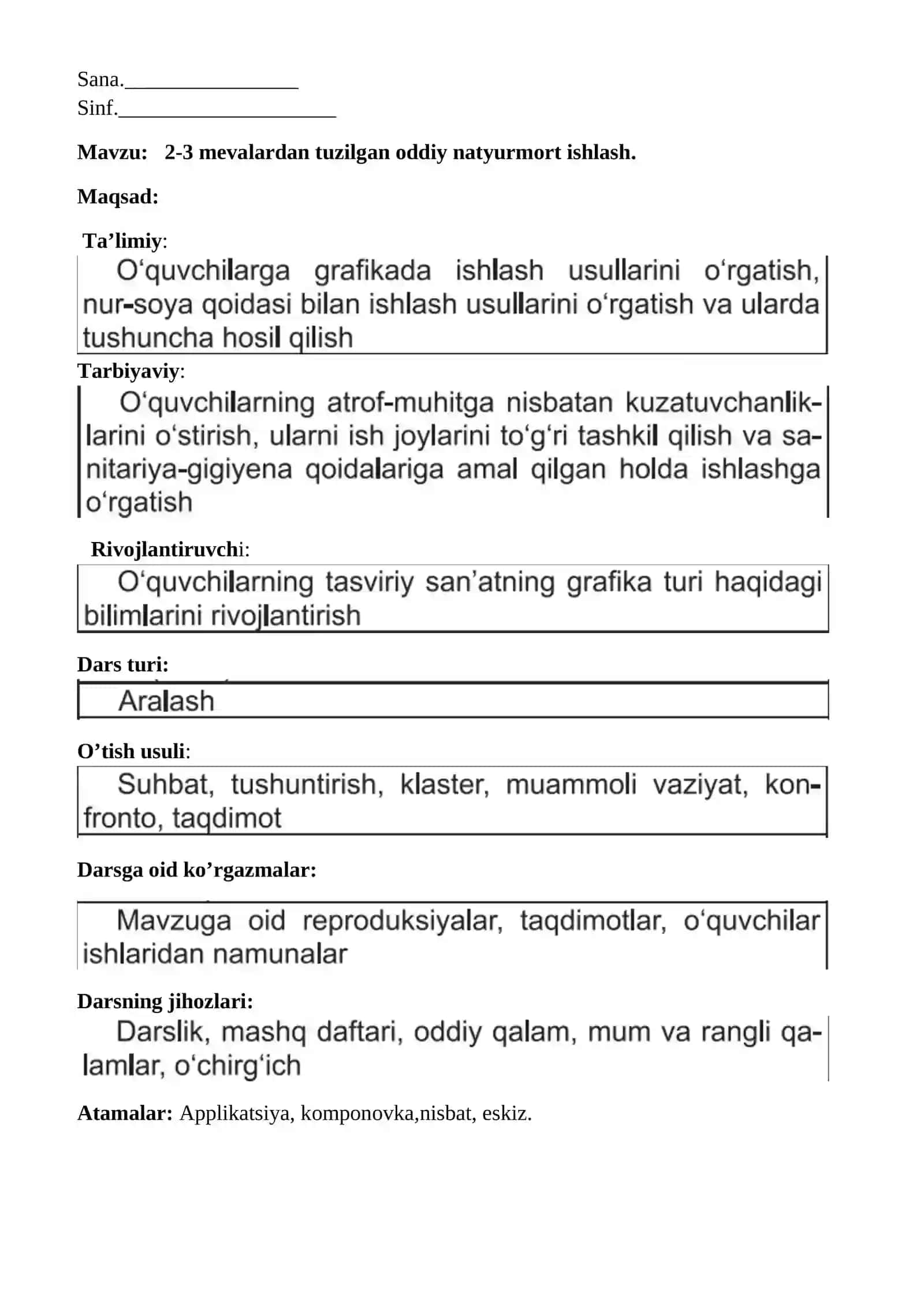 3-sinf Tasviriy san'at 2-3 mevalardan tuzilgan oddiy natyurmort ishlash dars ishlanma 2