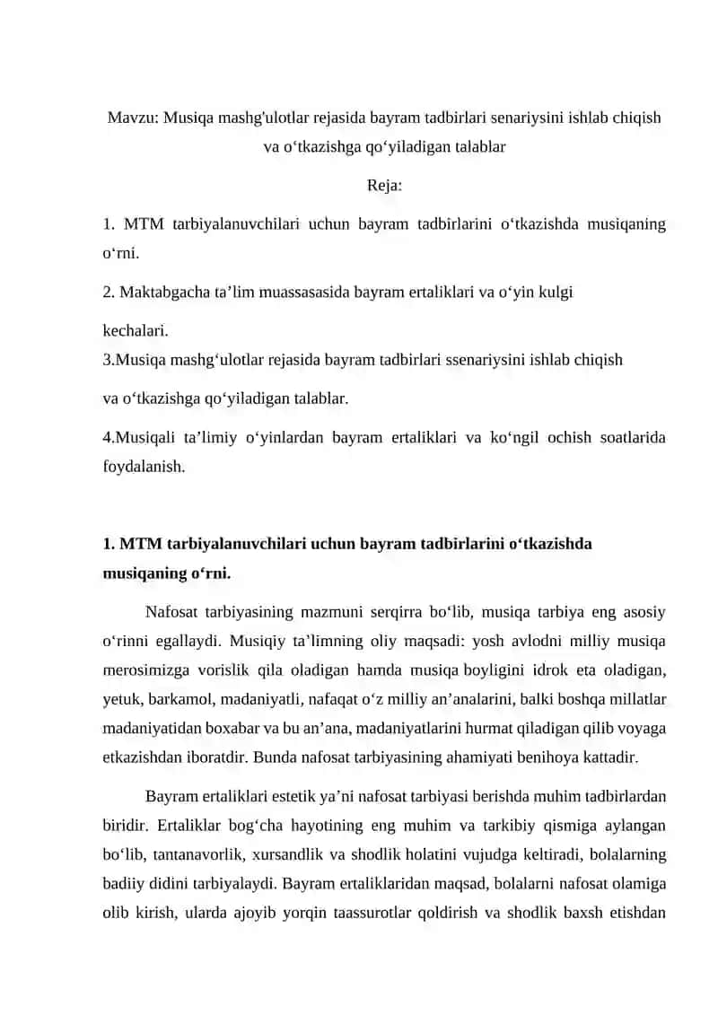 Musiqa mashgʻulotlar rejasida bayram tadbirlari ssenariysini ishlab chiqish va oʻtkazishga qoʻyiladigan talablar 2